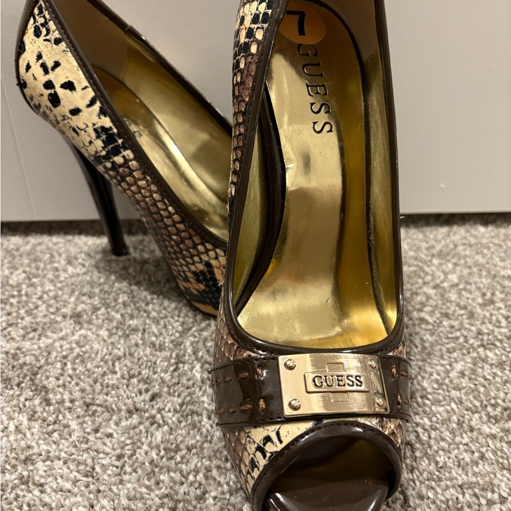 Guess Brown and Cream Peep-Toe Heels